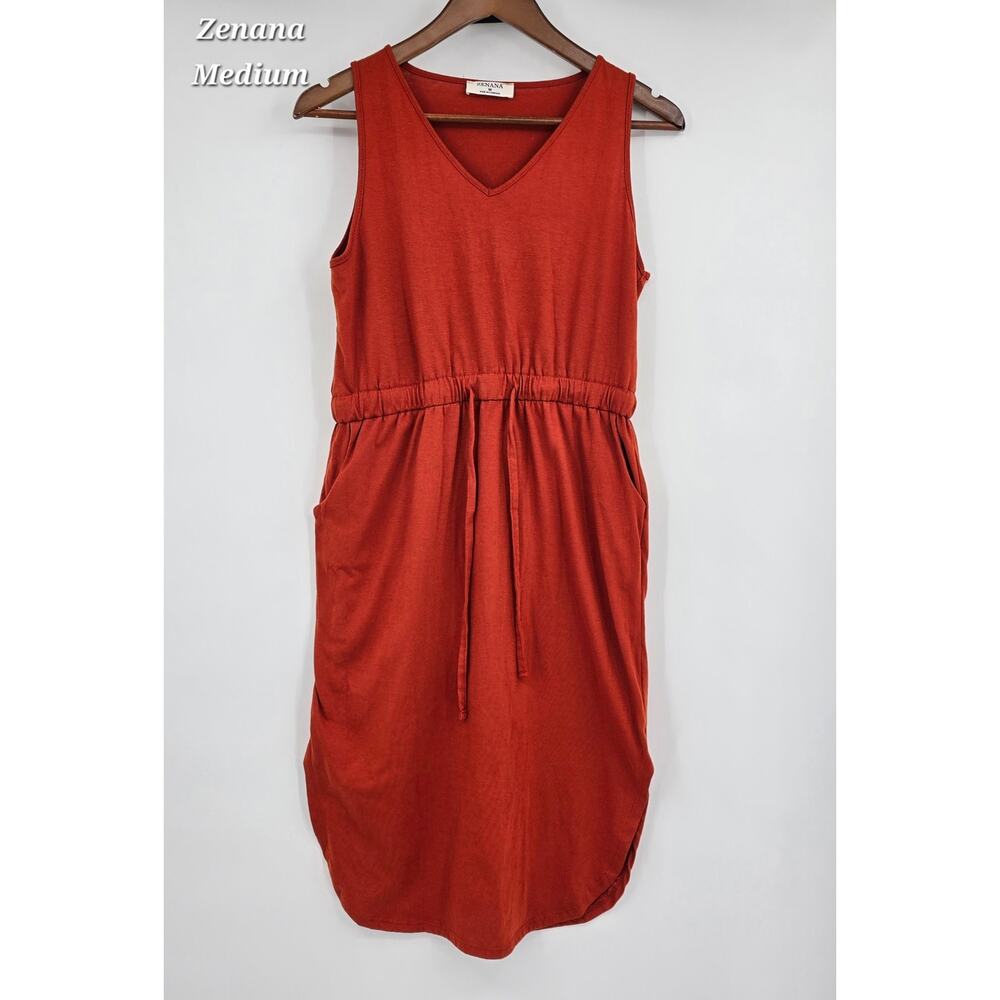 Zenana Rust Midi Dress Medium Sleeveless Elastic‎ Waist Pocket Knit Casual Boho